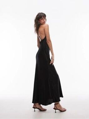 Topshop Black Satin Slip Midi Dress Open Back Deep V Bias Cut Size 14